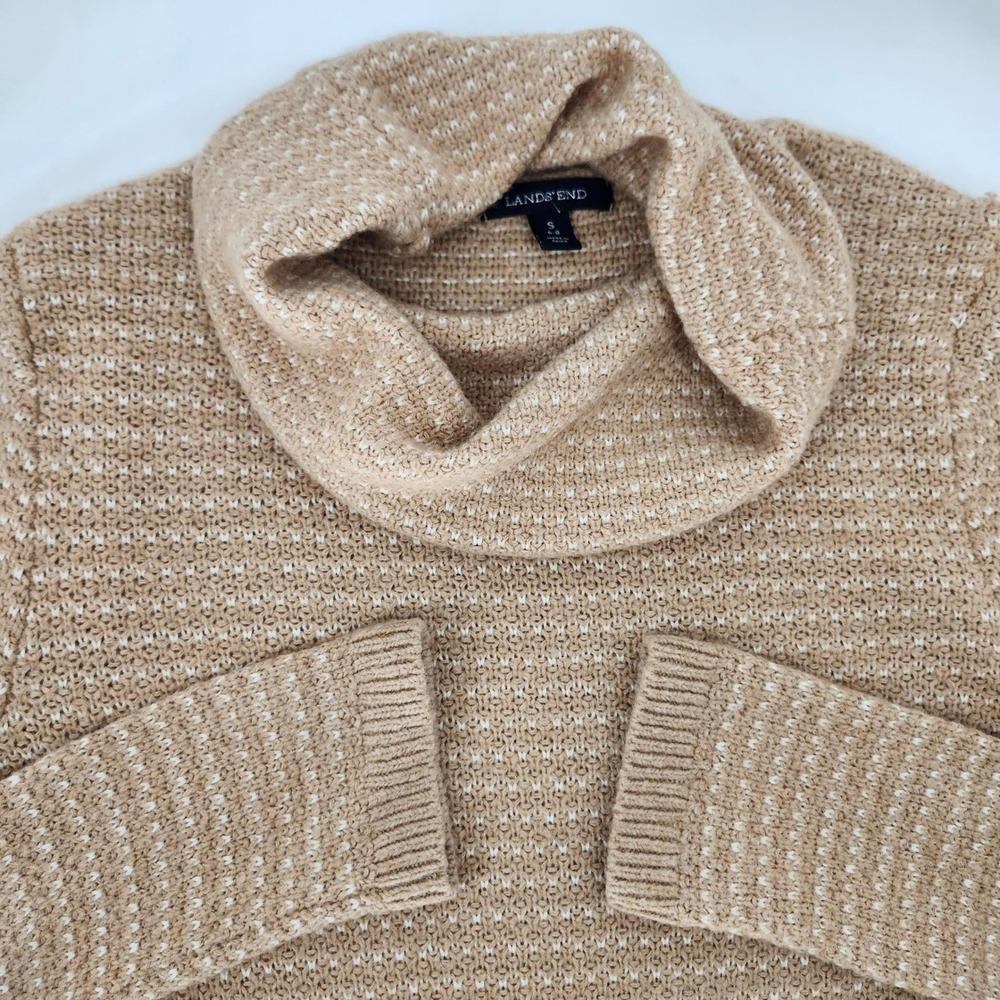 Lands End Womens Birdseye Cowl Neck Sweater Size S Tan Wool Blend Preppy Winter